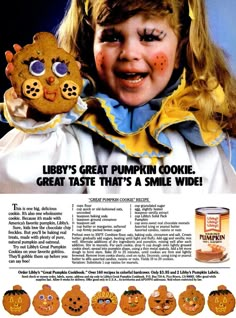 an old advertisement for pumpkins with the face painted like a girl holding a teddy bear