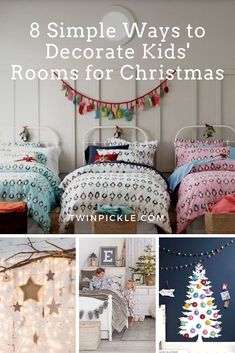 a collage of christmas bedroom decor with lights and decorations on the wall, bedding sheets