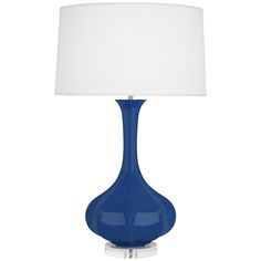 a blue table lamp with a white shade on the top and bottom part of it