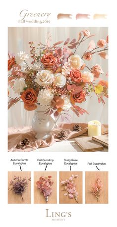 an image of flowers in a vase on a table with other pictures and text below it