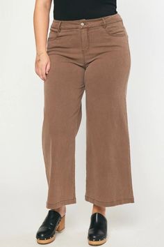 Brown denim wide leg pants These cute high waisted pants are both trendy and comfy! Black colored denim, featuring button and zipper front closure, five pocket design, and wide legs. You will love how great you feel in these babes everyday! True to size fit Stretch level: no stretch, some stretch, very stretchy Model is 5'9" wearing an XL Inseam on size small is 27" High-waisted Button and zipper front closure Five pocket design Wide leg Self: 97% Cotton, 3% Spandex. Lining: 100% Cotton Gentle w Cotton Wide Leg Jeans In Solid Color, Fall Wide Leg Cotton Pants In Solid Color, Fall Cotton Wide Leg Pants Solid Color, Fall Cotton Wide Leg Pants In Solid Color, Trendy Brown Wide Leg Bottoms, Trendy Solid Color Full Length Flare Jeans, Trendy Full Length Solid Flare Jeans, Trendy Full Length Flare Jeans, Wide Leg Denim Bottoms In Solid Color