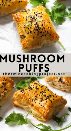 mushroom puffs on a white plate with parsley sprinkled on top and the title overlay reads mushroom puffs