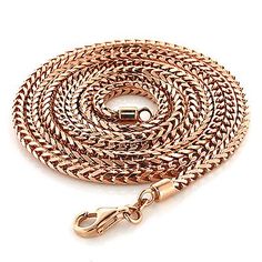 This lustrous 14K Rose Gold Franco Chain is 2.5mm wide and weighs approximately 25g. Featuring a bright polished gold finish and secured with a lobster claw clasp for safe wear, this solid 14K rose gold chain is available in 24-30in lengths. Rose Gold Box Chain Necklace, Rose Gold Chain Link Necklace With Lobster Clasp, Rose Gold Box Chain Link Necklace, Rose Gold Cuban Link Chain Necklace, Rose Gold Link Chain Necklace With Lobster Clasp, Rose Gold Link Chain Necklace Tarnish Resistant, Online Gold Jewellery, Gold Chains For Men, Rose Gold Chain