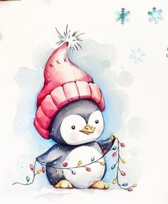 a watercolor painting of a penguin wearing a red hat and holding a christmas light