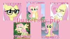 four pictures of pinkie pies with their name on them and numbers in the middle