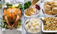 several pictures of different foods and vegetables on the table with turkey, stuffing, mashed potatoes, cranberry sauce, bread