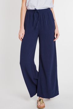 Drawstring Linen Pants, Navy :: NEW ARRIVALS :: The Blue Door Boutique Linen Wide Leg Bottoms With Pull-on Style, Wide Leg Linen Bottoms With Pull-on Style, Wide-leg Linen Pants With Pull-on Style, Full Length Linen Pants With Elastic Waistband, Vacation Linen Full-length Bottoms, Linen Full Length Bottoms For Vacation, Full-length Linen Pants For Vacation, Full Length Linen Pants For Vacation, Muslin Pants