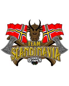 the logo for team scandinaviania with two crossed axes and an image of a horned head