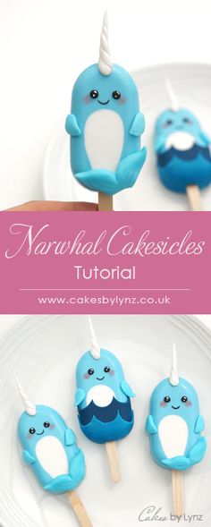 narwhale cake pops on a white plate