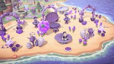 an island with lots of purple flowers and shells on it, surrounded by other objects