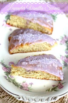 lavender vanilla scones are sitting on a plate