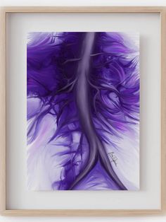 an abstract painting with purple and white colors in a wooden frame on a wall or floor