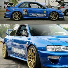 two pictures of the same blue car with gold rims, and one is showing it's front end