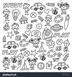 black and white hand drawn doodles for children's art work stock photo