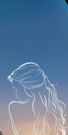 a drawing of a woman's face in front of a blue and white sky