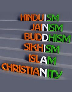 the words hindu, judaism, buddha, skim, islam, and christianity are arranged in 3d letters