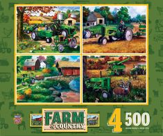 four pictures of farm and country vehicles on the cover of a jigsaw puzzle