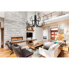 a living room filled with furniture and a fire place in the middle of it's wall