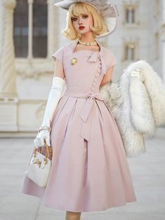 A classic dress that looks like the main character of a 1950s Western movie. A light purple item with a fantastic and noble impression. The neck part can be tied with a ribbon, and the vertical button closure gives it an elegant look. Tie it tightly at the waist to look like a gorgeous lady. 
 
 
 Size 
 
 XS size 
 
 Length: 108cm 
 Bust: within 80cm 
 Waist: within 62cm 
 Skirt length: 65cm 
 
 S size 
 
 Length: 108cm 
 Bust: within 85cm 
 Waist: within 66cm 
 Skirt length: 65cm 
 
 M size Elegant A-line Midi Dress For Vintage Fashion, Elegant Knee-length Midi Dress For Vintage Fashion, Elegant Knee-length Midi Dress In Vintage Style, Elegant Pink A-line Vintage Dress, 1950s Style Vintage Dress For Events, Elegant Vintage Dress For Vintage Events, Elegant Tea Length Dresses For Vintage Fashion, Elegant Tea-length Dresses For Vintage Fashion, 1950s Style Pink Formal Dress