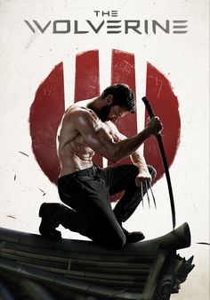 the wolverine movie poster is on display in front of a white background with red and black stripes