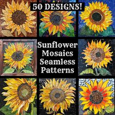 sunflower mosaics are shown with the words, 50 designs in different styles and colors