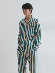 Composition : Number of 60 Digital Prints / Cotton 100%Color : GREENCountry of Origin : Republic of Korea Korean Mens Pajamas, Men’s Pajamas, Pajamas Men, Classic Pajamas, Everyday Clothing, Bold Stripes, W Concept, Mens Pajamas, Printed Cotton