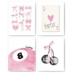 four cards with pink and white designs on them