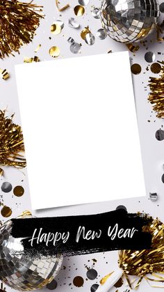 new year's greeting card with confetti and disco balls on white background