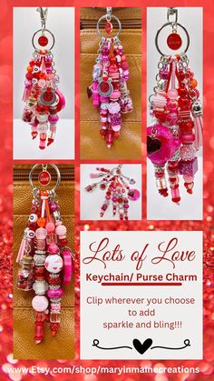 the keychain purse charm is decorated with pink and red beads, charms, and hearts