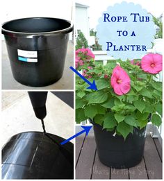 a potted plant with pink flowers in it and labeled rope tub to a planter