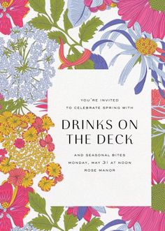 a card that says drinks on the deck with colorful flowers and greenery around it