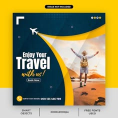 a travel brochure with an image of a man walking on the beach and texting enjoy your travel with us