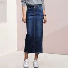 Introducing our Women's Denim Long Jeans Skirts, perfect for adding a touch of effortless style to your everyday wardrobe. Made with high-quality denim fabric, these skirts offer durability and comfort, while still being fashionable. Here are some features and benefits to keep in mind: High-quality denim material: Our skirts are made with top-of-the-line denim fabric, which is known for its durability and longevity. This means you can wear them for years to come without worrying about them weari Non-stretch Mid-rise Denim Blue Skirt, Non-stretch Dark Wash Skirt For Fall, Non-stretch Denim Blue Straight Leg Skirt, Non-stretch High Rise Fall Skirt, Non-stretch Full Length Denim Blue Skirt, Casual Non-stretch Dark Wash Skirt, Casual Full-length Stretch Denim Skirt, Blue Straight Leg Skirt For Fall, Fall Stretch Medium Wash Skirt