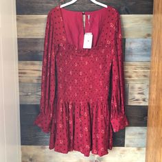 ** Please See Last Photo. Dress Has A Small Spot On The Bottom Right Side Of Dress. Really Hard To See ** Shoulder To Bottom Hem Is Approximately 33.5” Bohemian Red Dresses With 3/4 Sleeve, Red Bohemian V-neck Mini Dress, Two Faces, Free People Dress, Free People, Mini Dress, Womens Dresses, Red, Women Shopping