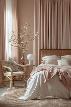 a bedroom with pink walls and bedding in the corner, along with a wicker chair