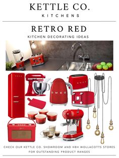 red kitchen appliances and accessories are featured in the ad for kettlel co kitchens'retro red kitchen decorating ideas