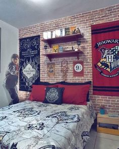 a harry potter themed bedroom with brick walls