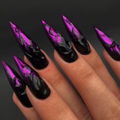 Marble Nails - Purple Black Acrylic Marble Nail Matte Marble Nail Designs, Gothic Nails Purple, Goth Glam Nails, Winter Goth Nails, Nail Black Design, Purple And Black Nail Ideas, Marble Nail Ideas, Black Nails Art, Goth Ideas