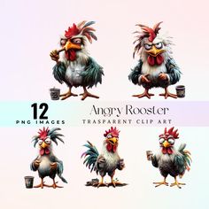 there are four roosters with different expressions on their faces and beaks, one is drinking from a cup