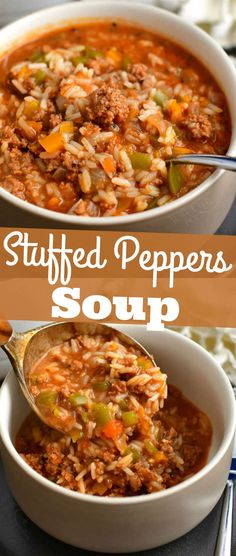 two bowls of stuffed peppers soup with spoons in them and the title above it reads stuffed peppers soup