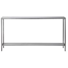 a stainless steel console table against a white background