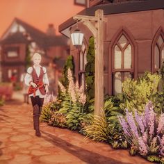 an animated image of a woman walking in front of a house with lots of flowers