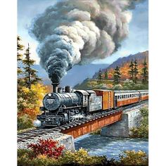 a painting of a train traveling over a bridge