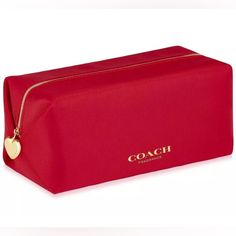 Color: Red Coach Fragrances Logo Printed In Gold At Front Gold-Tone Hardware Top Zippered Closure Gold Coach Engraved Heart Charm Zipper Pull Completely Lined Red Fabric Interior Material: 100% Polyester Approx. Measurements: 9" L X 4.5" H X 3.75" W Brand New With Tags Limited Edition Coach Fragrance, Fake Makeup, Chanel Accessories, Cosmetic Pouch, Walker Boots, Travel Pouch, Red Fabric, Gold Heart, Travel Case