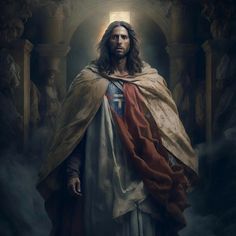 jesus standing in the midst of clouds with his arms wrapped around him and wearing a cross