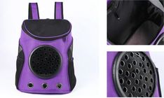 a purple and black backpack with holes on the front, back and side panels showing