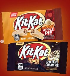 two packets of kitkat apple pie and chocolate creme pie are pictured in this image