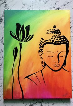 a painting of a buddha with a flower in the foreground and a rainbow background