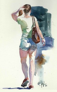 a watercolor painting of a woman walking with her hand on her head and purse over her shoulder