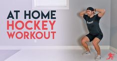 a man standing in front of a sign that says at home hockey workout with his hands behind his head